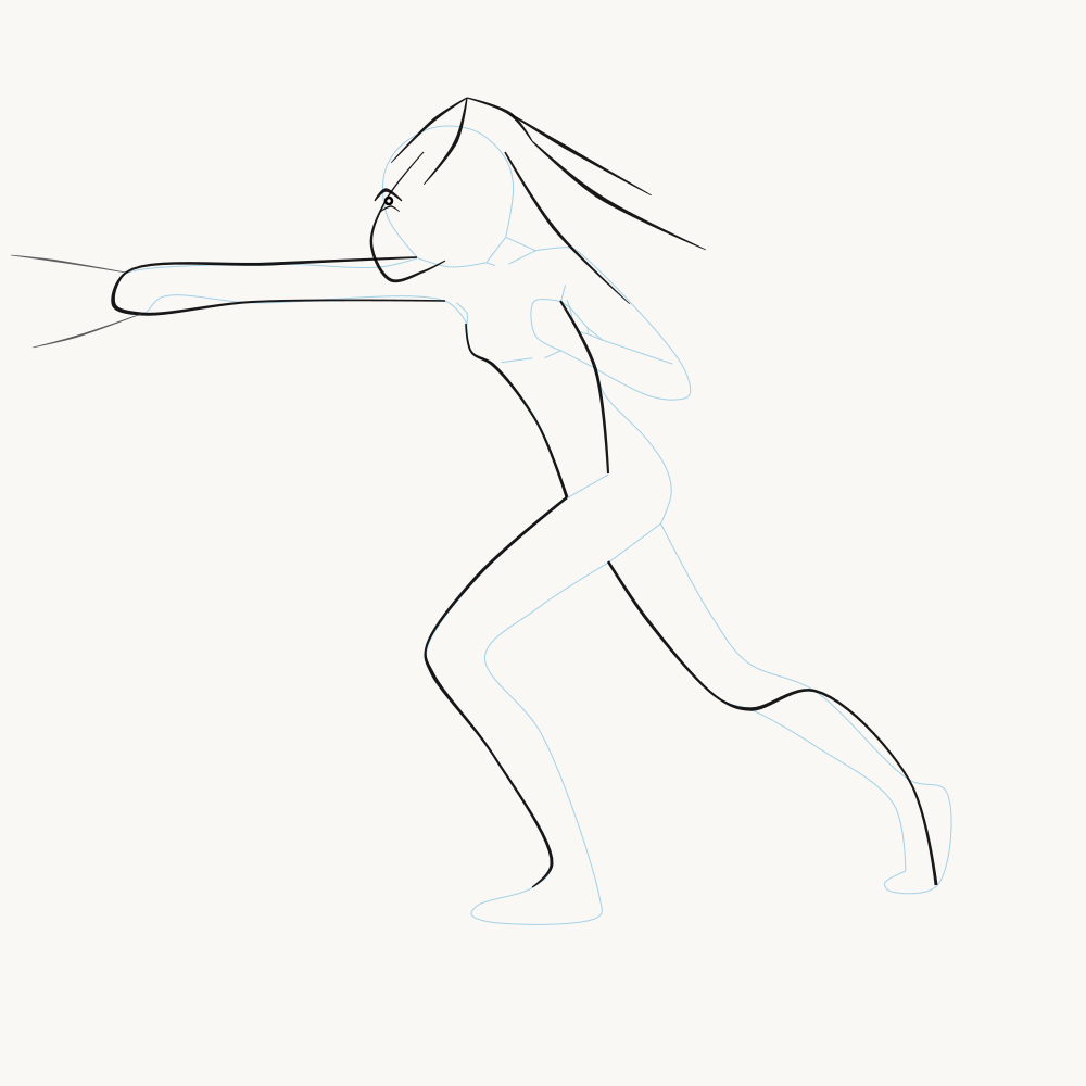 Hand-drawn key frame — a character mid-punch, rough ink over blue construction lines