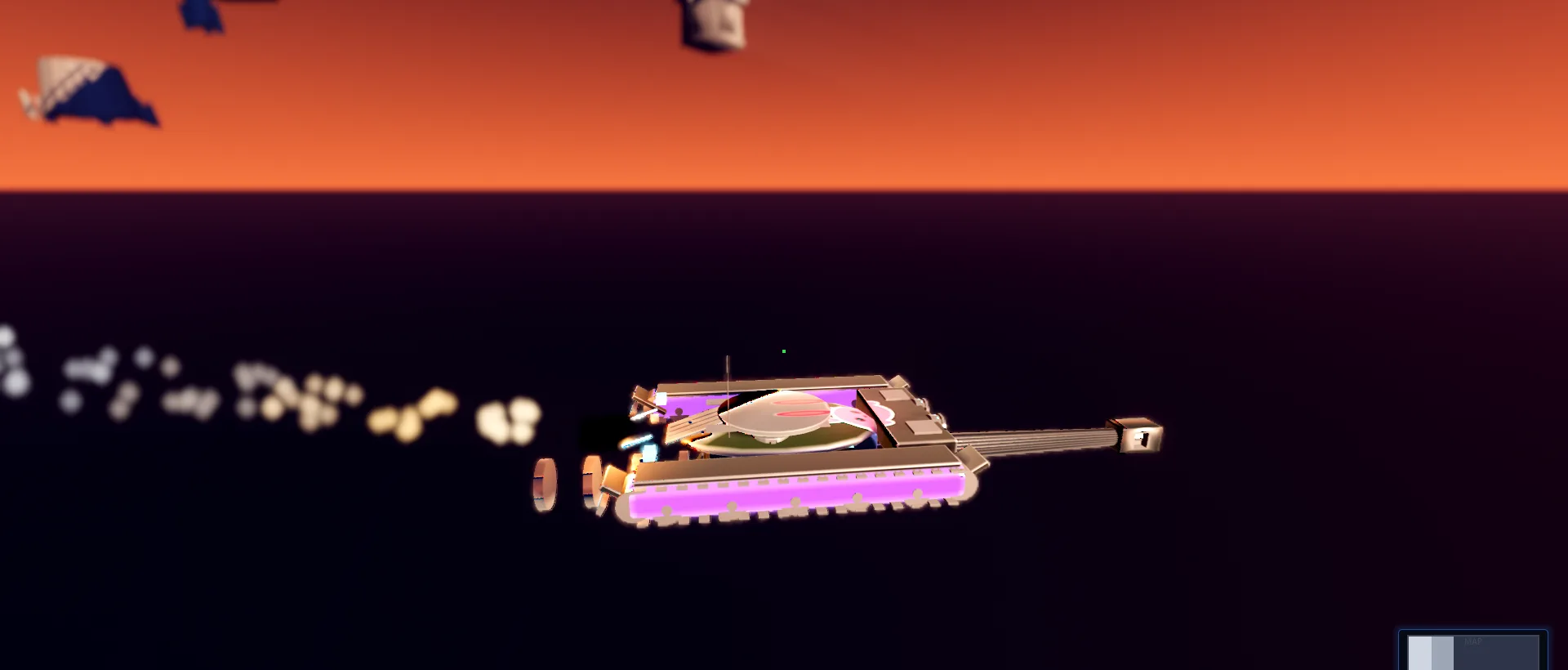 Krovek — a tank mid-air against a burnt-orange sky, in-development footage
