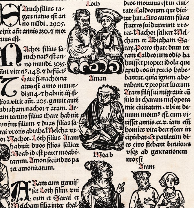 Blackletter: two columns of rotunda from the Augsburg edition of Schedel's chronicle printed by Johann Schönsperger in 1497, rounder than Gutenberg's textura, with woodcut portraits between them.