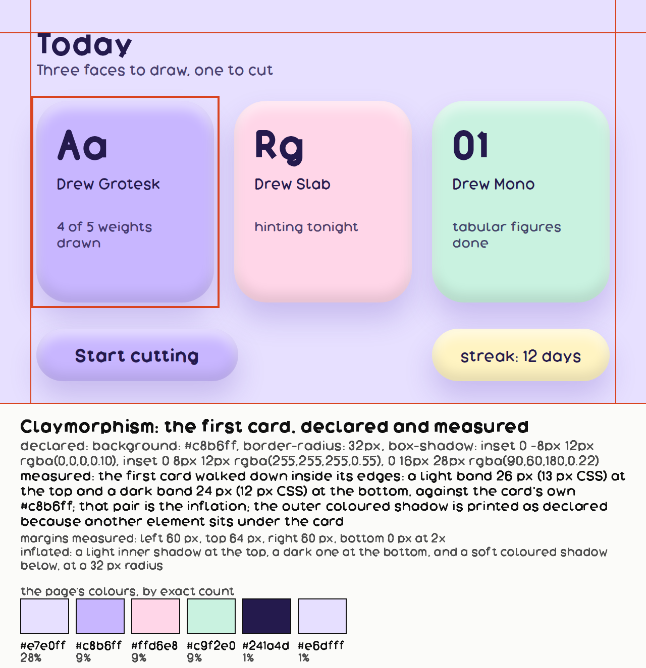 Claymorphism, a breakdown: the page with its own margins ruled in the mark colour, the first card boxed, the recipe as declared and as measured on the file beneath, and the page's colours swatched with their shares.