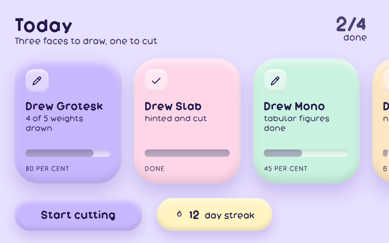 Claymorphism: a day screen on lilac with four inflated pastel cards in a row, each with an inflated icon well holding a drawn nib or check, a title, a note, a progress track pressed into the card and filled to where the work has got, and a percentage; the fourth card is cut by the right edge. An inflated button and a streak pill with a drawn flame sit below.
