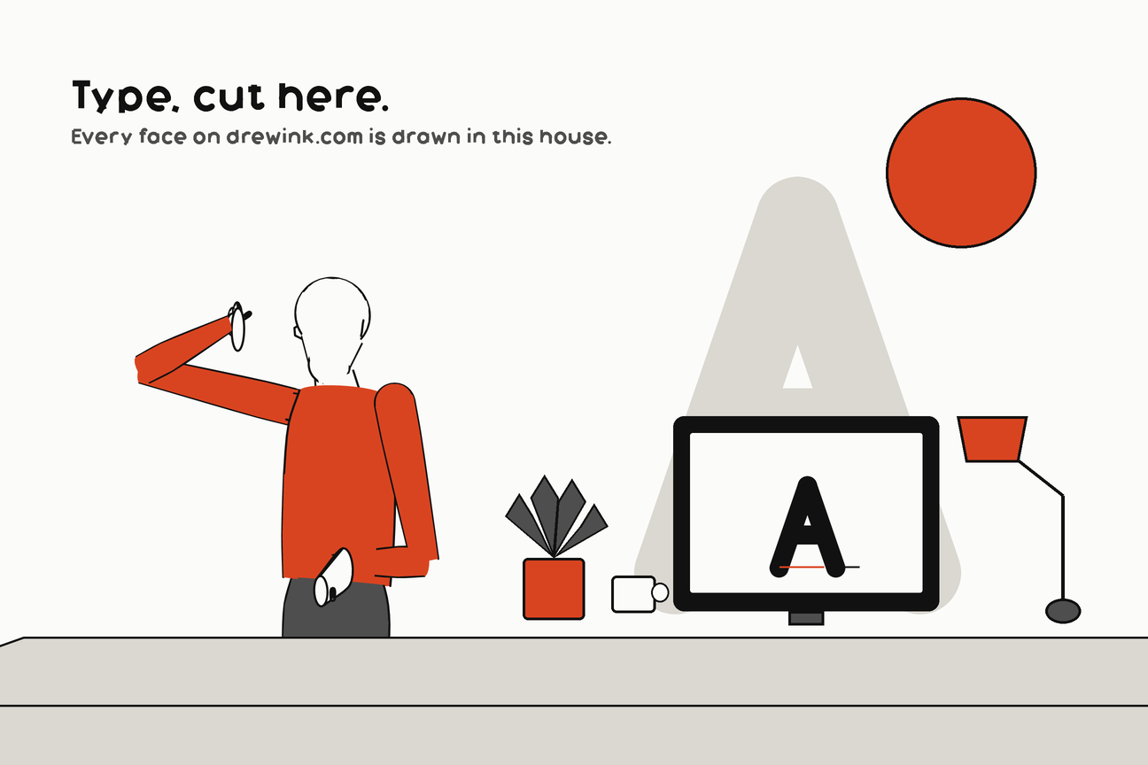 Corporate illustration: a hero for the foundry's own product page, a punchcutter at a screen showing a letter, a lamp, a plant, a cup and a big flat A behind, drawn in the house palette with one line weight and the house figure, a circle for a head and no face.