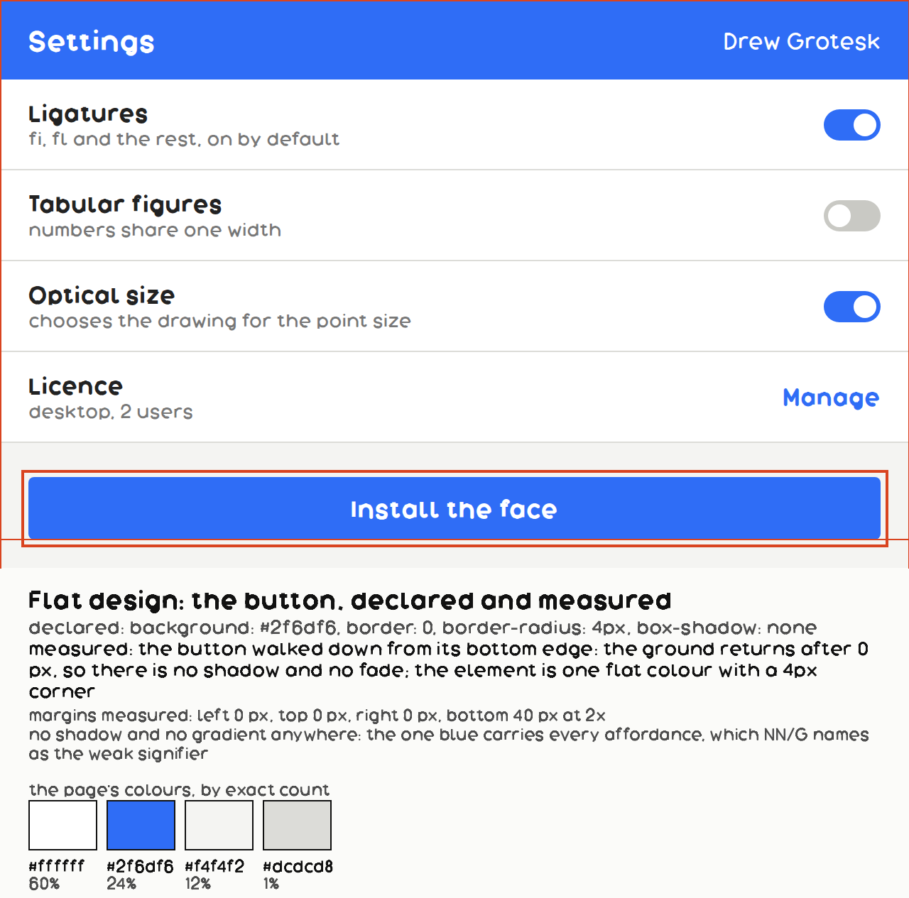 Flat design, a breakdown: the page with its own margins ruled in the mark colour, the button boxed, the recipe as declared and as measured on the file beneath, and the page's colours swatched with their shares.
