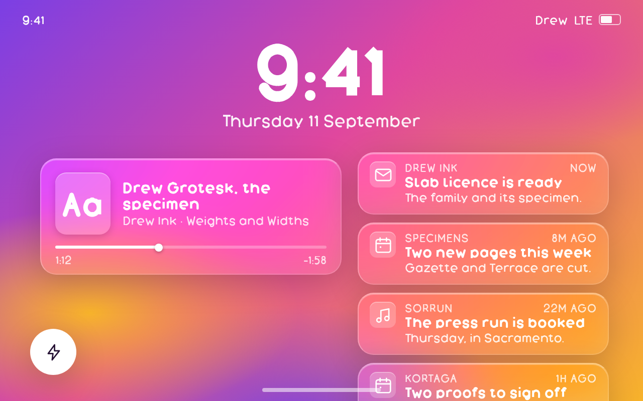 Glassmorphism: a phone lock screen over a violet, pink and amber ground, with a status bar, a large clock and date, a glass player pane holding album art, a track title and a scrubber part way through, a stack of three glass notification rows each with an app name, title, body and timestamp, the last one cut by the bottom of the screen, a lit flashlight button in the corner and a home indicator.