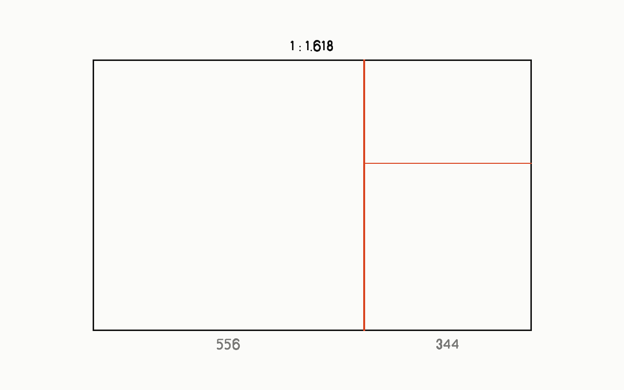 Golden ratio: a drawn diagram with the golden ratio marked in vermilion.