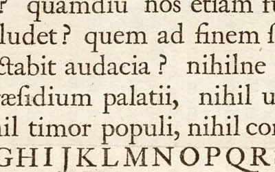 Ligature: the word finem in Caslon's Great Primer roman of 1734, its fi cast as one sort.