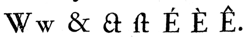 Ligature: the last line of Fournier's roman alphabet of 1766, W w, the ampersand, and the ct and long-s-t ligatures cast as single sorts.