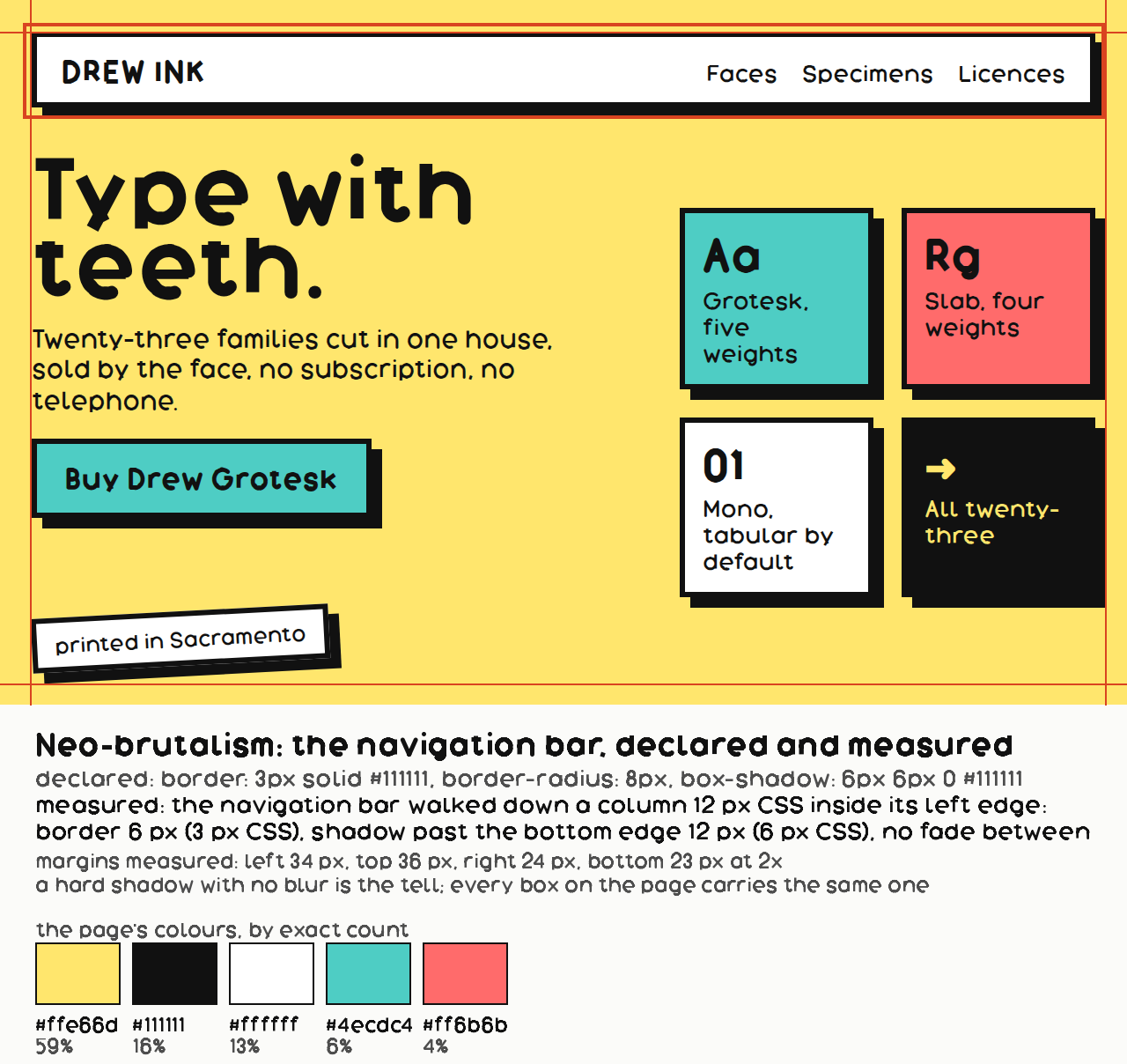 Neo-brutalism, a breakdown: the page with its own margins ruled in the mark colour, the navigation bar boxed, the recipe as declared and as measured on the file beneath, and the page's colours swatched with their shares.