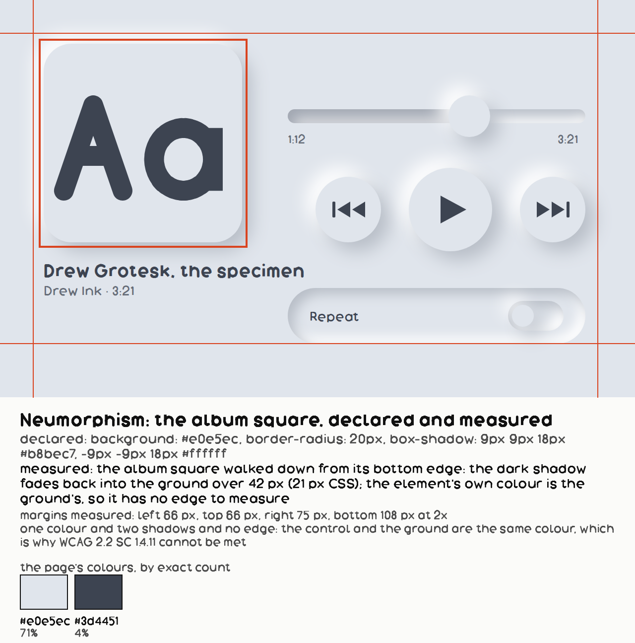 Neumorphism, a breakdown: the page with its own margins ruled in the mark colour, the album square boxed, the recipe as declared and as measured on the file beneath, and the page's colours swatched with their shares.