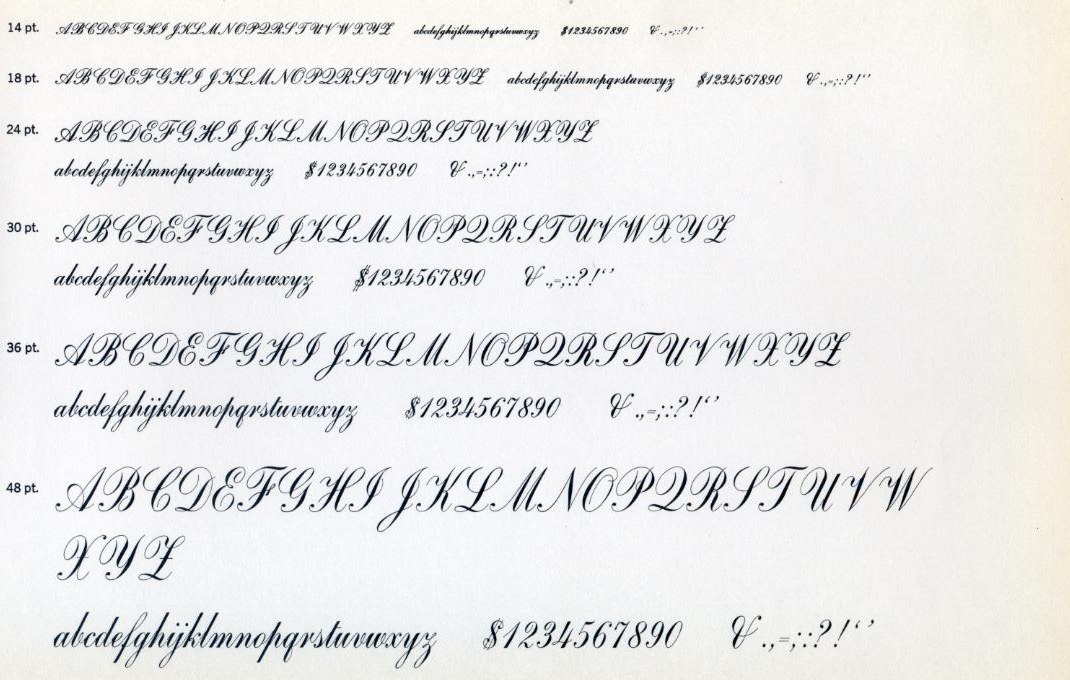 Optical size: Typo Script from 14 to 48 point on an Adcraft sheet, each size cut as its own set of punches, the small sizes sturdier and wider than the large.