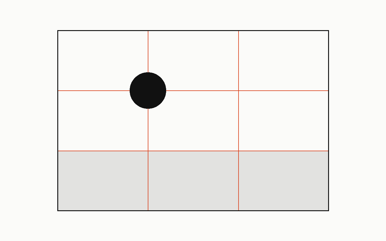 Rule of thirds: a drawn diagram with the rule of thirds marked in vermilion.